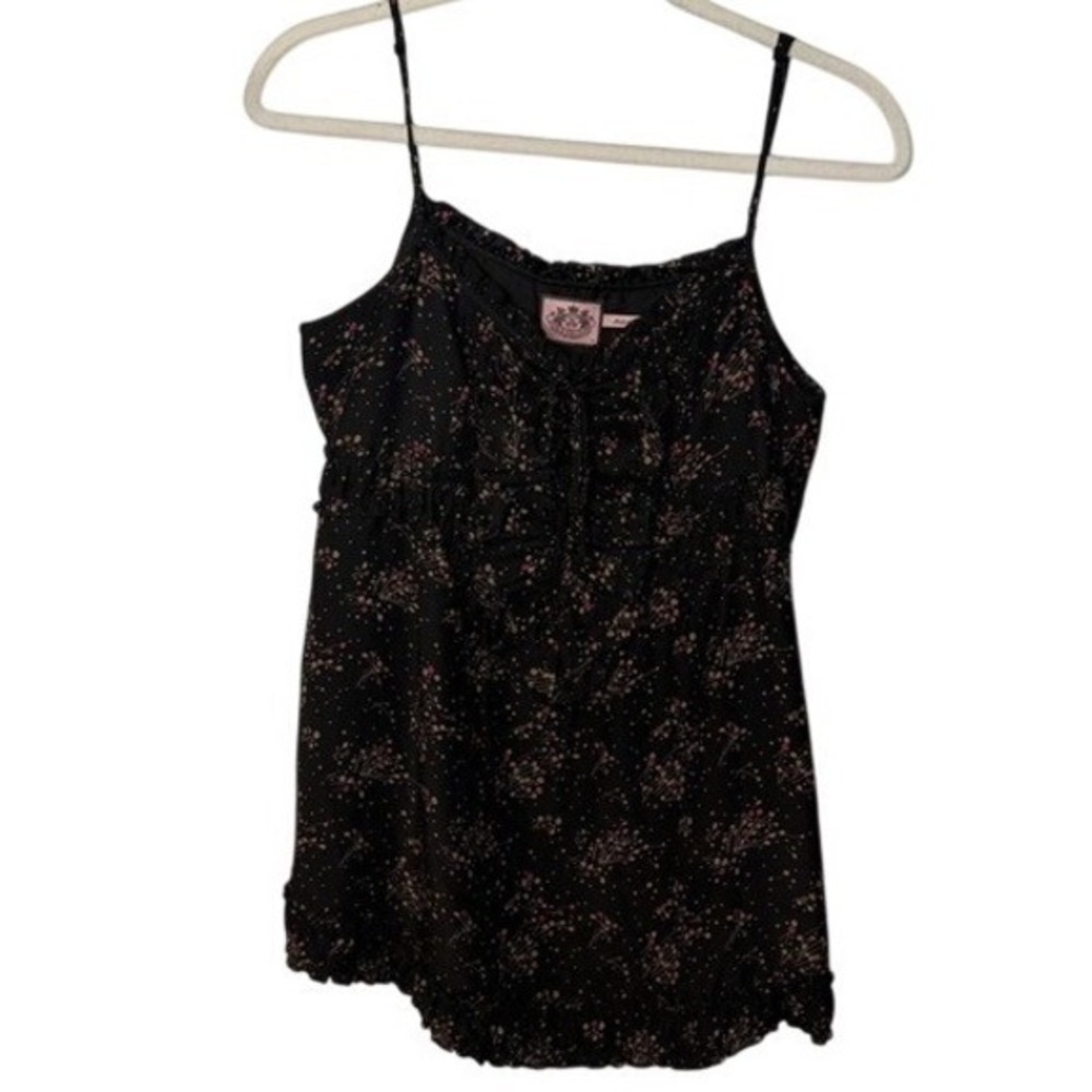 Juicy Couture Black Silk Floral Ruffle Camisole Top JGMU1487 womens Size 10